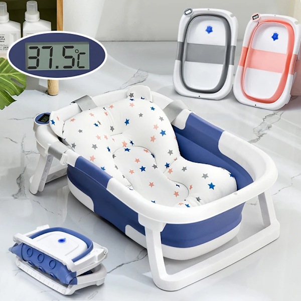 Realtid Temperatur Silicon Baby Ta Ett Bad Badkar Halkfritt Fot Bad Hink Fallbart Badrum Med Temperature Avkänning