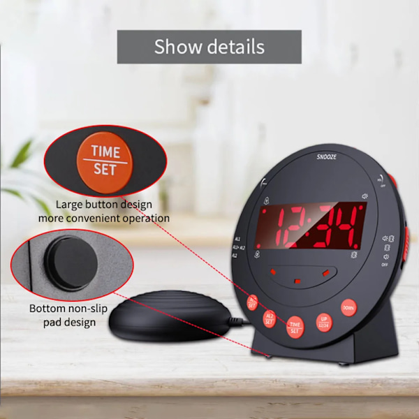 Högt vibrerande alarm klocka med säng shaker blixt ljus ljusstyrka justerbar snooze dubbel alarm inställning