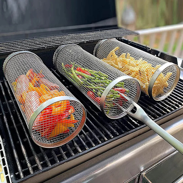 BBQ kurv rustfrit stål rullende grill kurv tråd net cylinder grill kurv