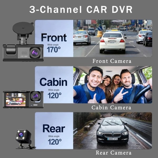 3 Channel Bil DVR HD 1080P 3-Lens Indvendigt Køretøj Dash CamThree Way Camera