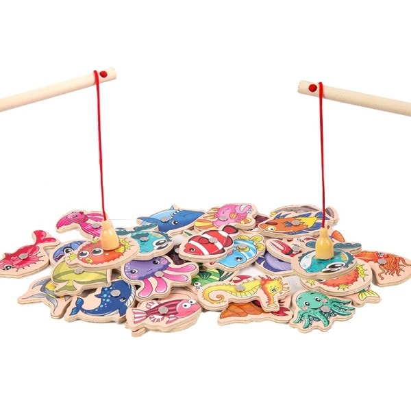Montessori Trä Magnetisk Fiske Leksaker för Baby Tecknad Marine Life Kognition Fisk Spel