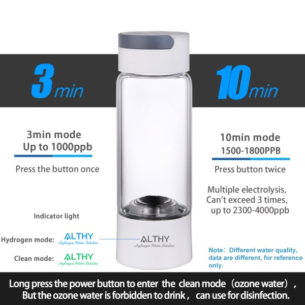 Hydrogen Rik Vann Generator Flaske - Glass Kopphus - DuPont SPE og PEM Dual Chamber Maker