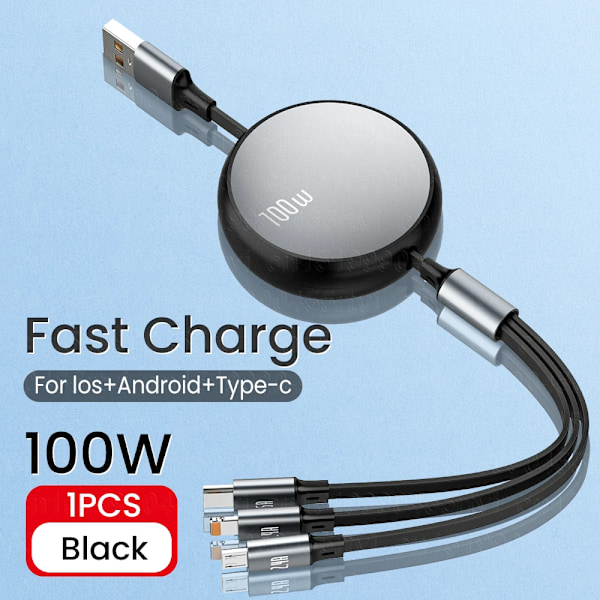 3i1 Trækkeligt 6A 100W USB kabel til iPhone 14 13 12 Pro Max USB To 8 pin/Type C/Micro Fast Charge kabel til Huawei  Data kabel