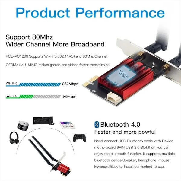 WiFi 5 PCI-E Trådløst Adapter Nettverk Kort AC1200 Dual Band 2.4G/5GHz 802.11AC For Bluetooth 4.0