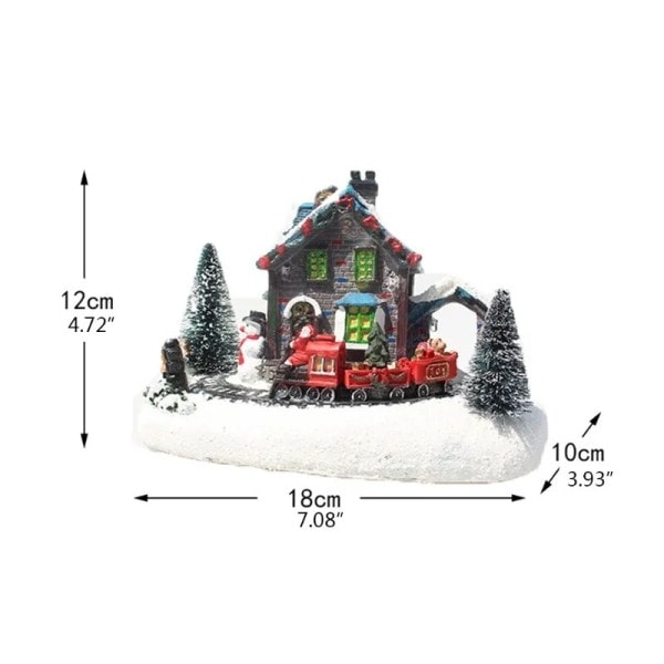 Jul liten tåg by snö hus lysande harts prydnad