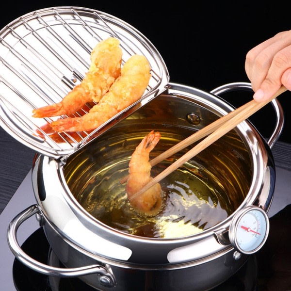 Dyb friture gryde med termometer og låg 304 rustfrit stål køkken tempura frituregryde
