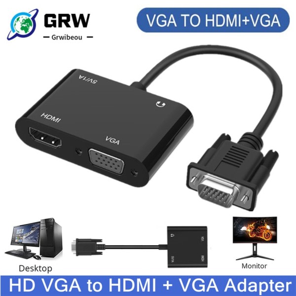 GRWIBEOU VGA til HDMI VGA adapter, 1080P VGA splitter 1 i 2 utgang for datamaskiner stasjonære bærbare datamaskiner skjermer projektorer