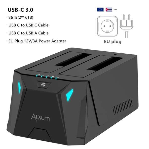 Dual Bay SSD Hard Drive Dokking Stasjon USB C to SATA HDD Docking Station