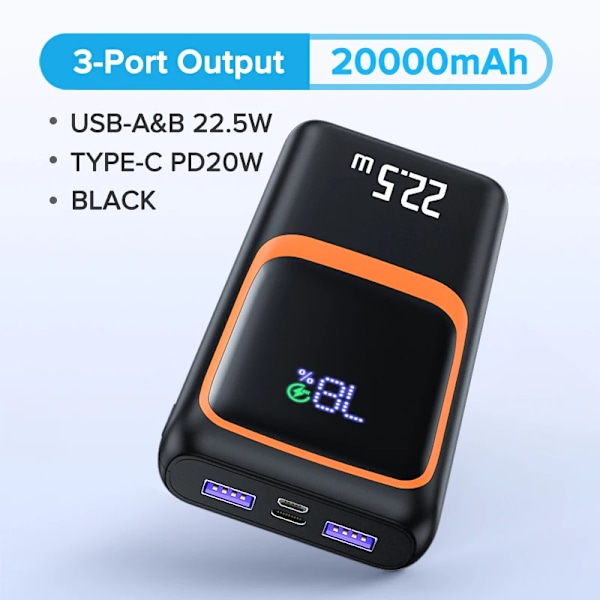 Power Bank 20000mAh Extern Large Batteri Kapacitet PD 22,5W Snabb Laddning Bärbar Laddare