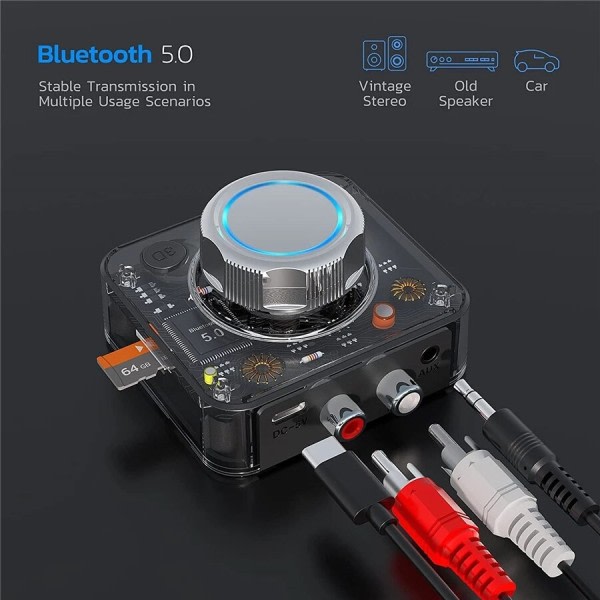 Bluetooth 5.0 lyd mottaker 3D stereo musikk trådløs adapter TF kort RCA 3.5mm 3.5 AUX jack