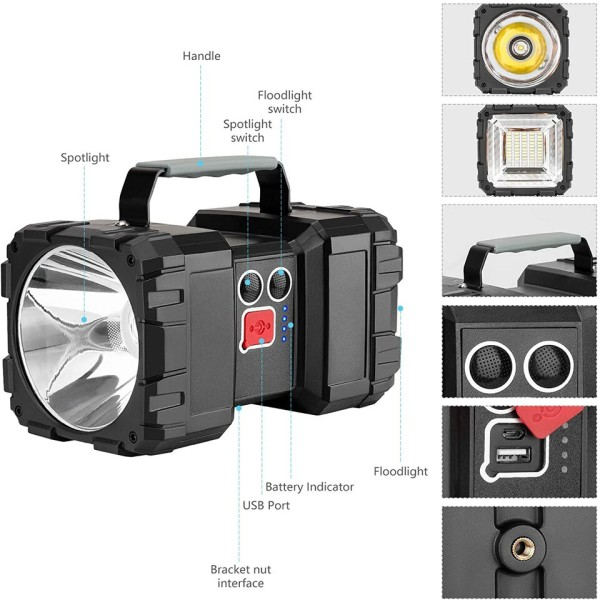 High Power LED Ficklight Handheld Flood Light Sökljus för Camp Hike Fiske