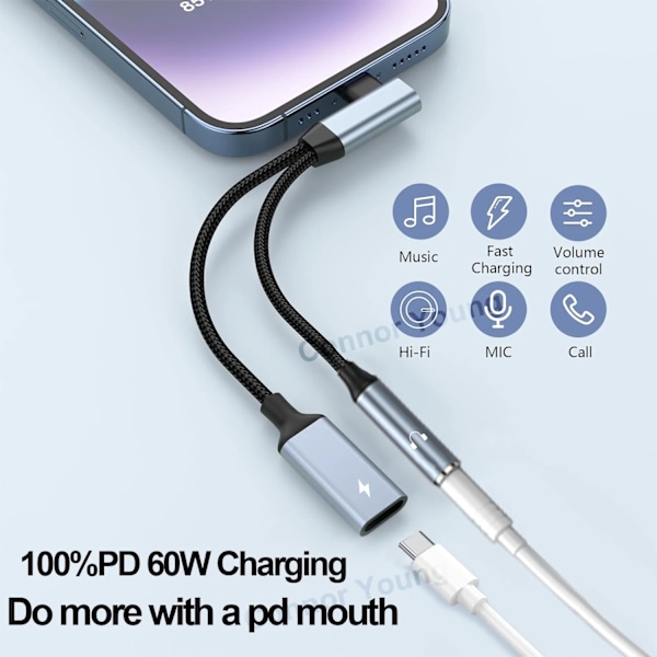2 in 1 OTG Armbåge Typ USB C till 3,5 mm jack AUX Audio Hörlurar