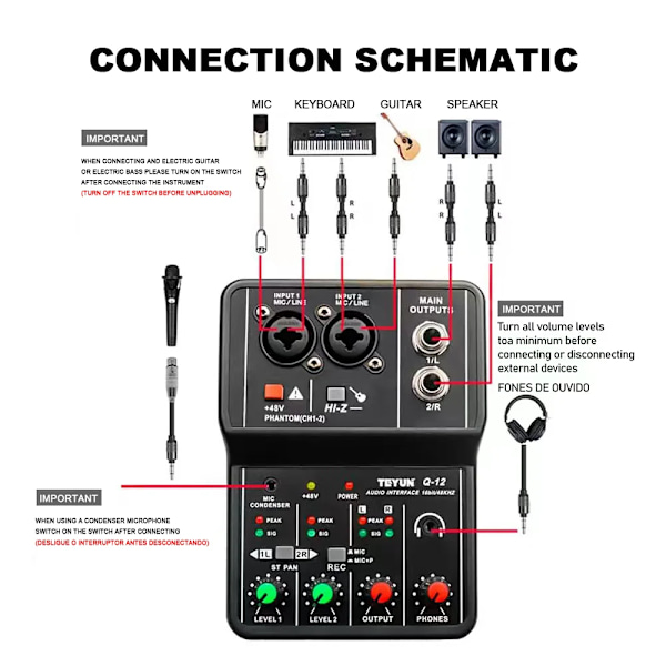 Hög kvalitet 2 kanaler Professionell bärbar Ljud gränssnitt ljudkort konsol mini USB MIXER för gitarr inspelning studio sång