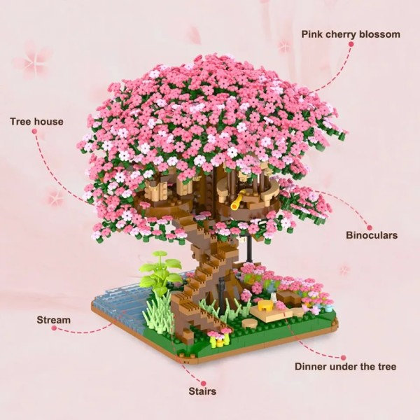 Mini Sakura træ hus bygning klodser kirsebær blomst plante by gade udsigt mursten