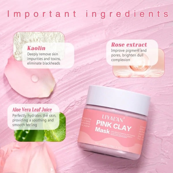 Lyserød ler maske ansigt hud blødgørende blødgør kaolin afgiftende porer rensende rose mudder maske