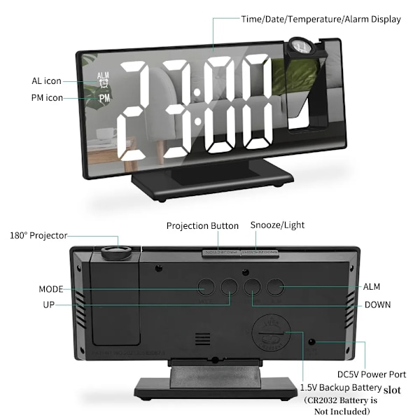 180° Arm Projektion Alarm Klocka med Tid Temperatur Digital Alarm Klocka Snooze Bord Klocka