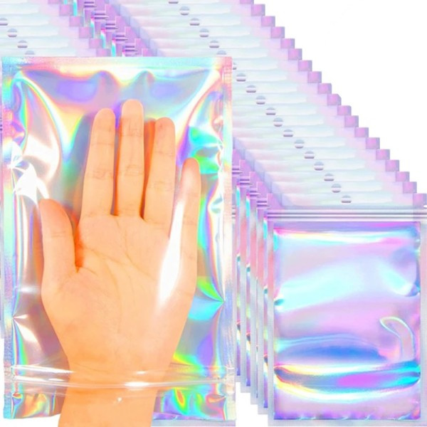 50 bitar laser försegling påsar plast holografisk godis mat påse återförslutningsbar 10x15cm