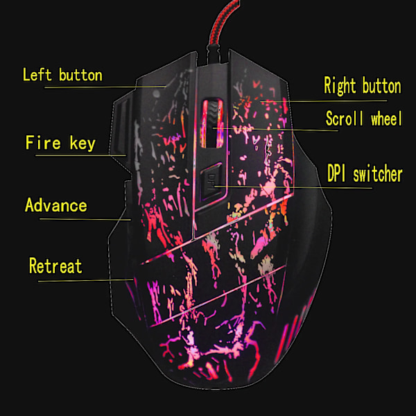 Kabelansluten Spel Mus Streaming Crack Colorful Light USB Port Möss 7 Knapp 3200DPI Justerbar