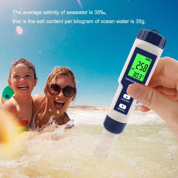 5 in 1 TDS/EC/PH/Salinity/Temperature Meter Digital Water Quality Monitor Tester for Pools, Dricking Water, Akvarier