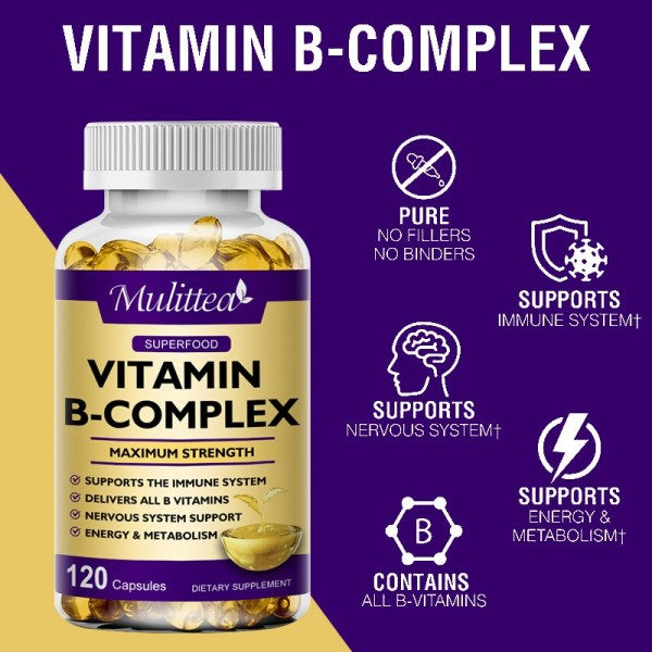 60 bitar Vitamin B Komplex Kapsel B12 Folsyra Biotin Reducera Stress Bättre humör Nervsystemet Hälsa Energi Tillskott