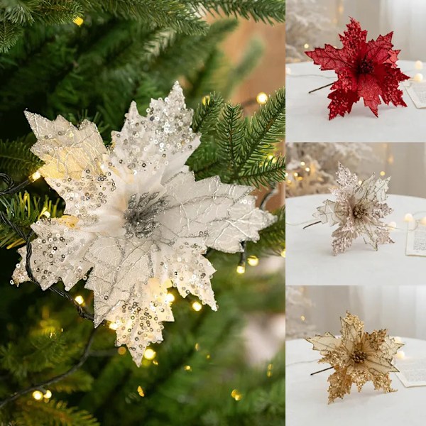 Glitter kunstig jule blomster jule træ pynt hjem falske blomster jule pynt
