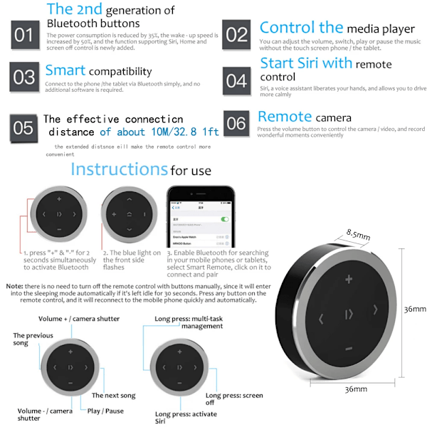 Mini Trådlös Bluetooth-kompatibel Media Knapp Fjärrkontroll Bil Motorcykel Ratt Hjul