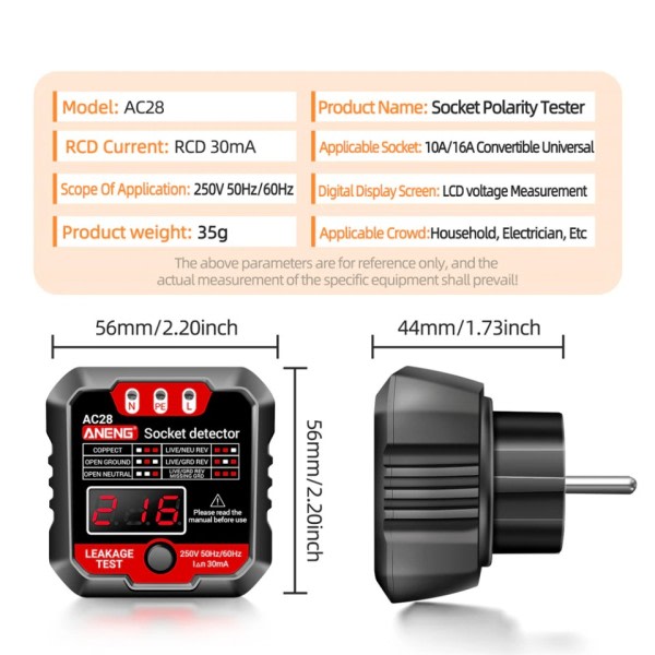AC28 Digital Socket Power Tester 250V 50Hz/60Hz Socket Polaritet Detektor Spænding Tester Kretsløbsafbryder Finder EU stik