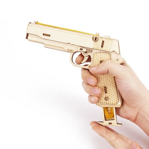 Gummi bånd pistol 3D tre mekanisk håndvåpen modell sett montering bygg puslespill