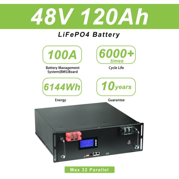 48V 120Ah LifePO4 batteri Inbyggt BMS 6kWh 32 Parallell CAN/RS485 Kommunikation Protokoll Lithium Ion Batteri