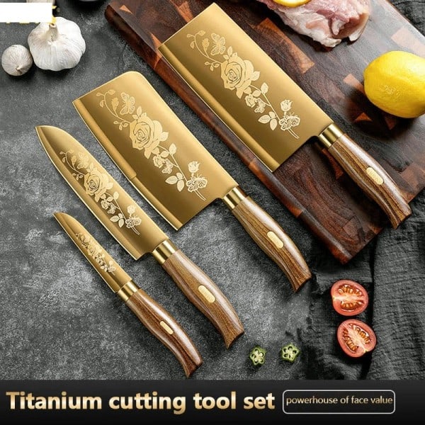 4 bitar  Guld Kök Kniv Set Rostfritt Stål Kling med Gyllene Titan Plätering Kock Kniv Set för Kök