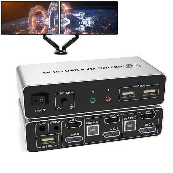 Kaksois näyttö HDMI DisplayPort KVM kytkin 4K 60Hz 2X2 sekoitetut tulot DP HDMI KVM kytkin