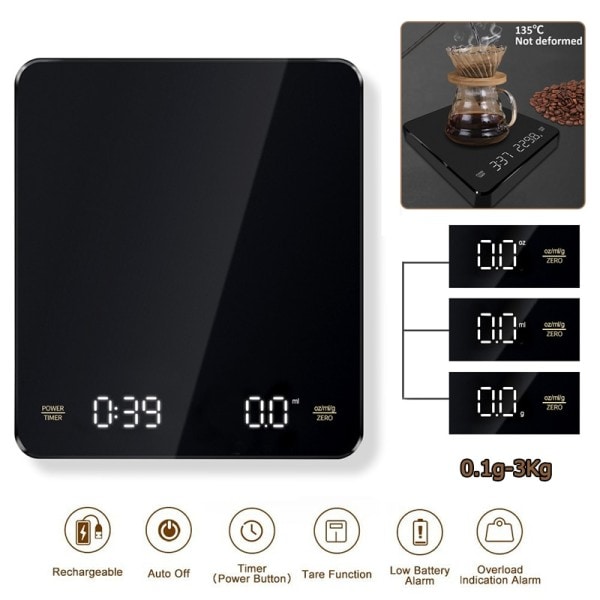 Kahvi elektroninen vaaka yli espresso 3kg 0,1g LED automaattinen ajastin älykäs keittiö vaaka