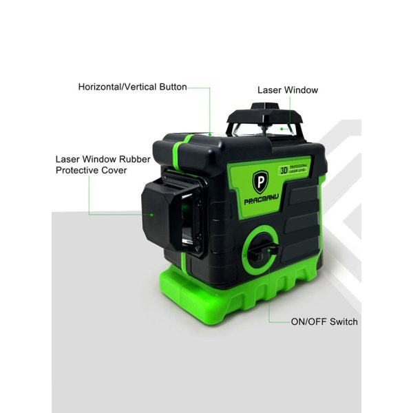 Laser Niveau 12 Linjer 3D niveau Selvnivellerende Horisontal og Lodret Kryds Super Kraftfuld Grøn Laser Beams