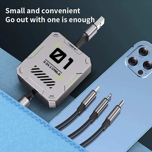 3 i 1 Multi Infällbar USB telefon 60w snabb laddning och data kabel