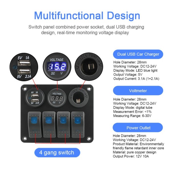 4 painiketta keinu kytkin paneeli volttimittari USB laturit varusteet vene vene auto auto RV matkailuauto vaunut