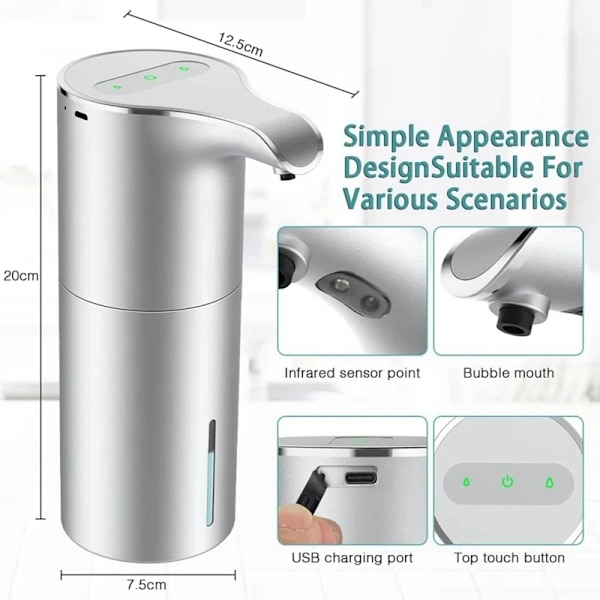 Mini saippua annostelija automaattinen kosketusvapaa USB ladattava sähkö vaahto saippua annostelija säädettävä vedenpitävä 450 ml