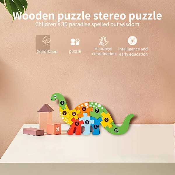 3D Stereoskopisk Træ Puslespil Tegnefilm Dinosaur Dyr Form Farve Kognitiv Pædagogisk Spil Montessori Legetøj