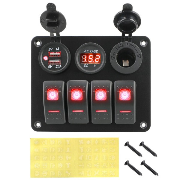 4 knapper vippe bryter panel voltmeter USB ladere tilbehør for båt marine bil bobil camper campingvogner