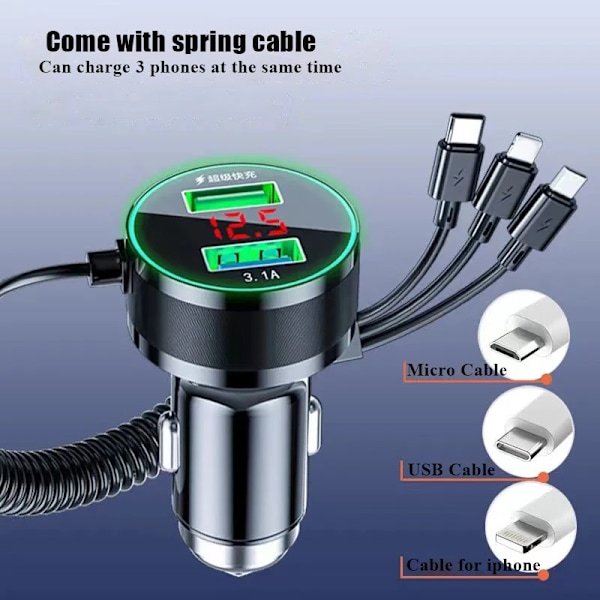 USB bil laddare adapter 150W snabb laddning med kabel 3 in 1