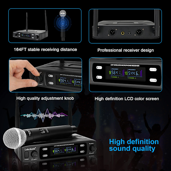 Professionell trådlös mikrofon system dubbel kanal UHF fast frekvens sladdlös handhållen dynamisk mikrofon