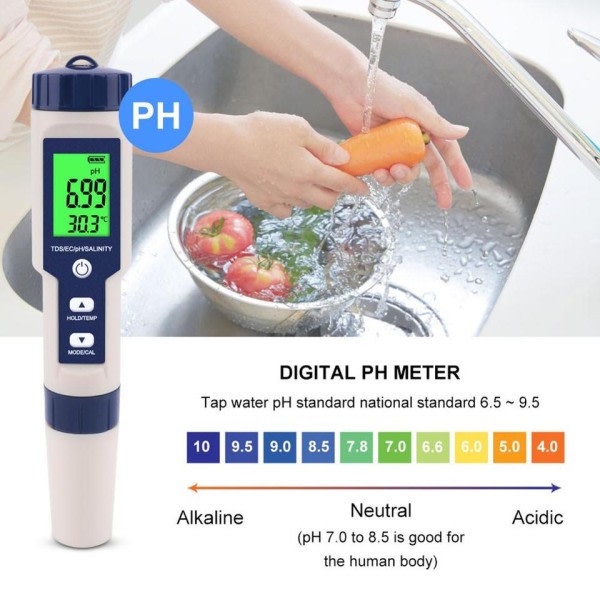 5 in 1 TDS/EC/PH/Salinity/Temperature Meter Digital Water Quality Monitor Tester for Pools, Dricking Water, Akvarier
