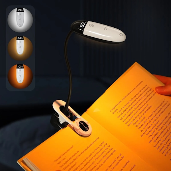 3 färger 5 ljusstyrka skärmar batteri ström uppladdningsbart mini LED läs ljus flexibel lätt klämma natt läs lampa i säng