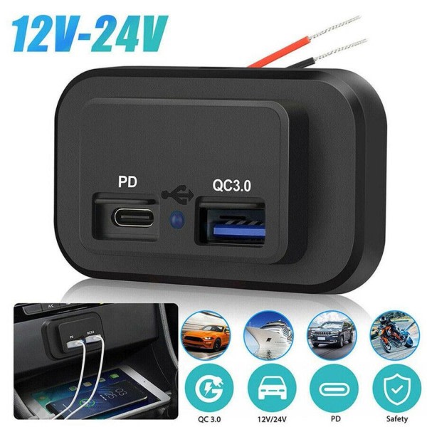 36W QC3.0+PD Dual USB Port Oplader Bil RV Hurtig Oplader Socket Adapter Strøm Outlet Vandtæt