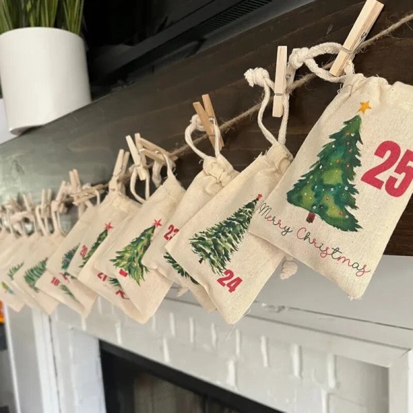 Stof jul advent kalender snøre tasker genanvendelige akvarel jule træer