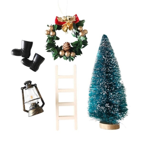 Mini Elf Set Jul Trä Miniatyr Dockhus Dekoration Tillbehör Paket 5 trappor träd