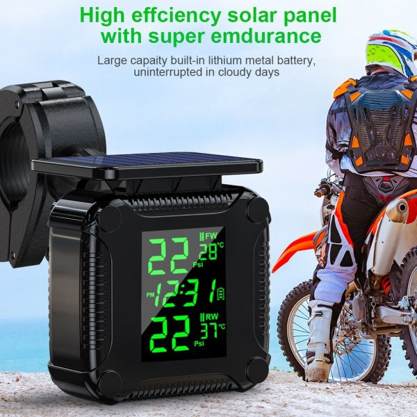 Motorcykel Dæk Tryk Overvågning System Med 2 Eksterne Sensorer LCD Skærm  Temperatur Alarm USB Solar Opladning