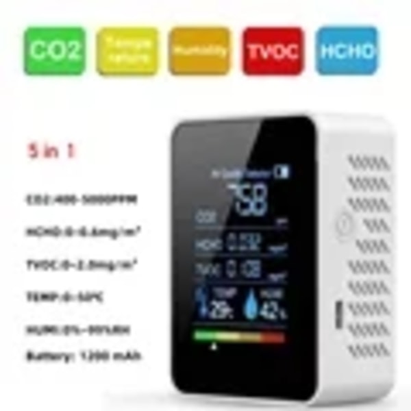 Multifunktionell 5in1 CO2 Mätare Digital Temperatur Fuktighetstestare Koldioxid TVOC HCHO Detektor Luft Kvalitet Monitor