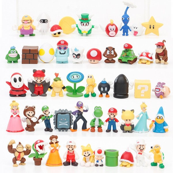 48 stk Super Mario Bros Action Figurer Kawaii Bowser Anime Figur med oppbevaringspose for barn leker