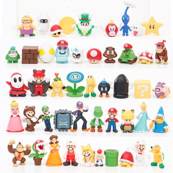 48st Super Mario Bros Action Figurer Kawaii Bowser Anime Figur med Förvaringsväska för barn leksaker