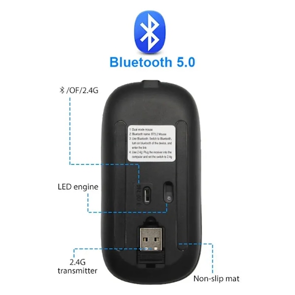 Trådløs Mus RGB Oppladbar Bluetooth Mus